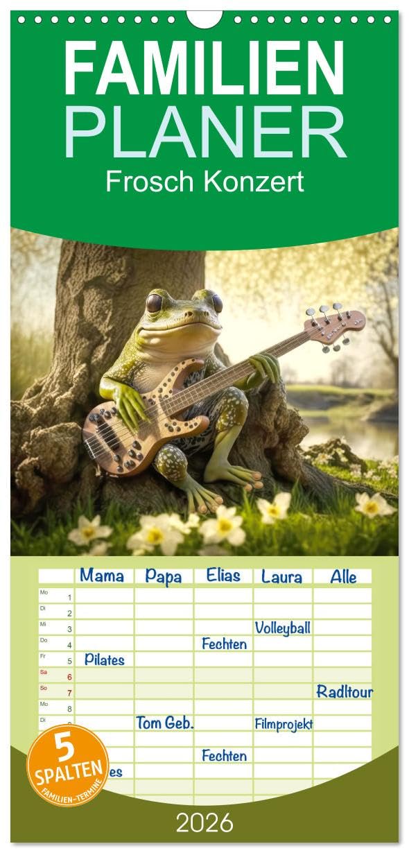 Familienplaner 2026 - Frosch Konzert mit 5 Spalten (Wandkalender, 21 cm x 45 cm), CALVENDO Natural Sciences