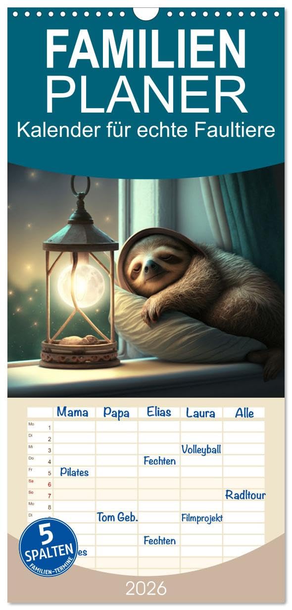 Familienplaner 2026 - Der Kalender für echte Faultiere mit 5 Spalten (Wandkalender, 21 cm x 45 cm), CALVENDO Photography