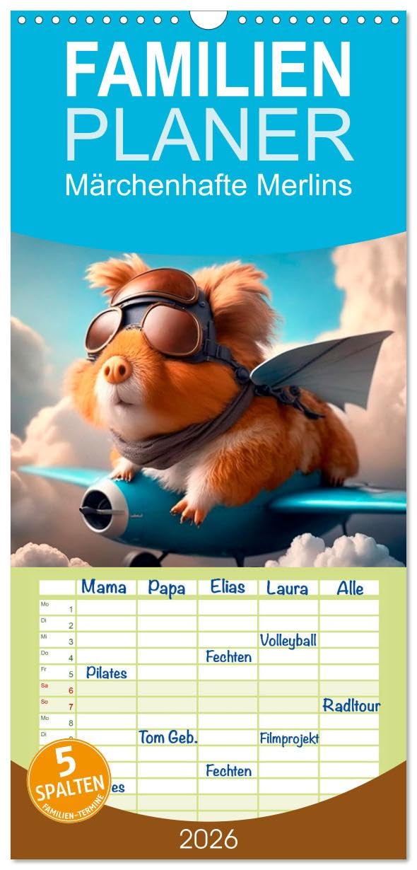 Familienplaner 2026 - Märchenhafte Merlis - Schweinegeile Illustrationen mit 5 Spalten (Wandkalender, 21 cm x 45 cm), CALVENDO Natural Sciences