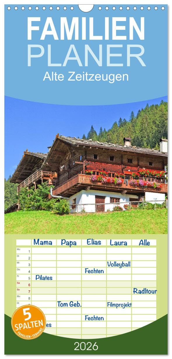 Familienplaner 2026 - Alte Zeitzeugen mit 5 Spalten (Wandkalender, 21 cm x 45 cm), CALVENDO Leisure, Home & Garden