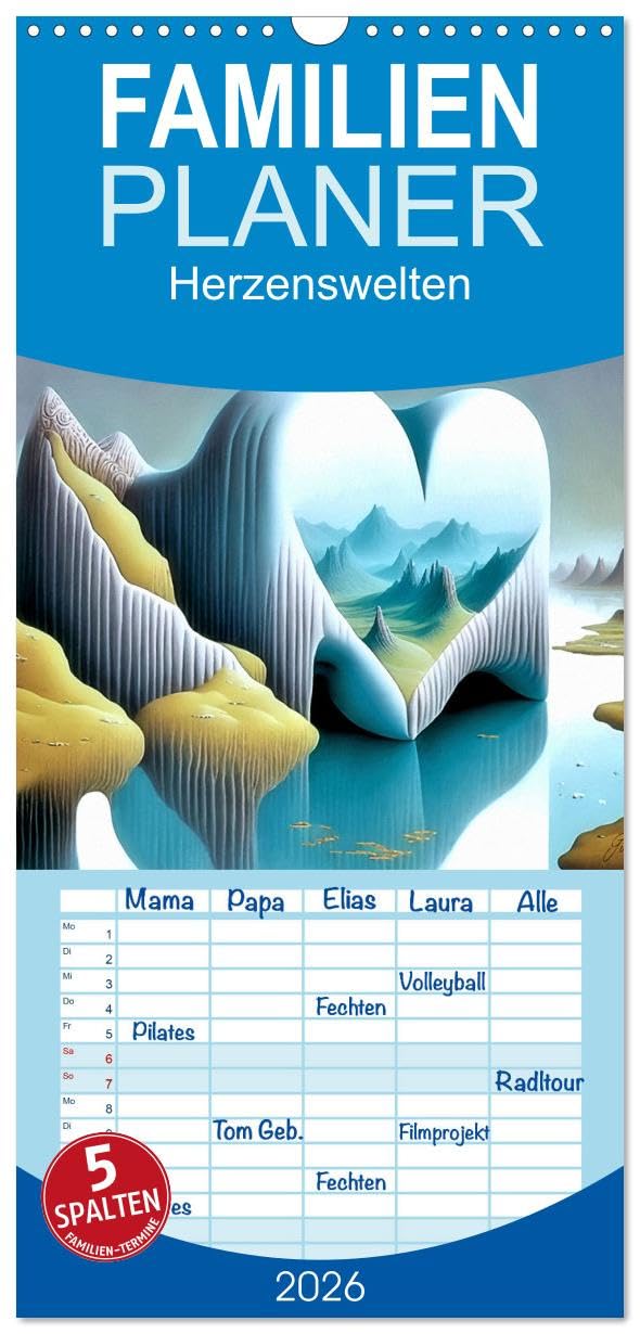 Familienplaner 2026 - Herzenswelten mit 5 Spalten (Wandkalender, 21 cm x 45 cm), CALVENDO Film, Art & Culture