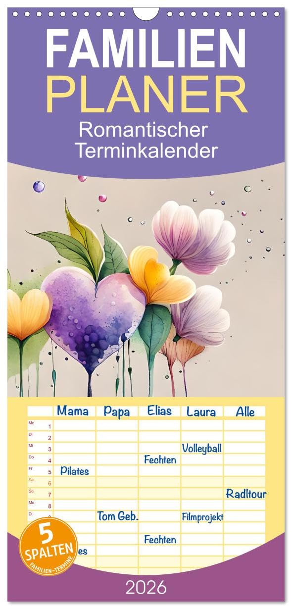 Familienplaner 2026 - Romantischer Terminkalender mit 5 Spalten (Wandkalender, 21 cm x 45 cm), CALVENDO Social Sciences