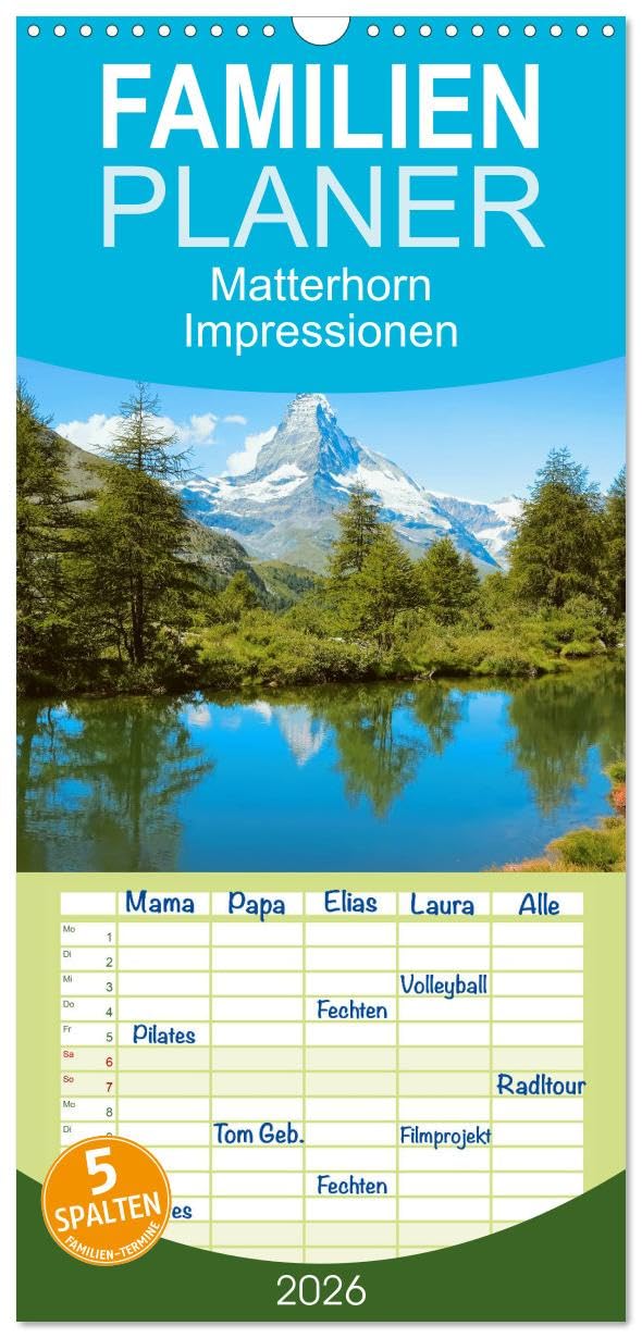 Familienplaner 2026 - MATTERHORN Impressionen mit 5 Spalten (Wandkalender, 21 cm x 45 cm), CALVENDO Film, Art & Culture
