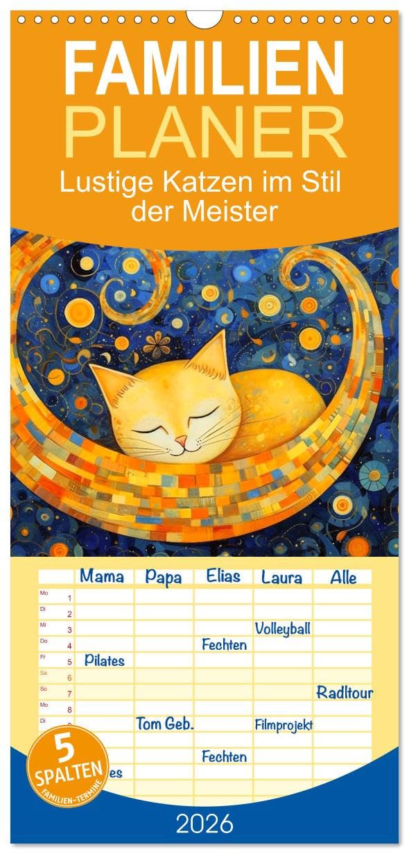 Familienplaner 2026 - Lustige Katzen im Stil der Meister mit 5 Spalten (Wandkalender, 21 cm x 45 cm), CALVENDO Film, Art & Culture
