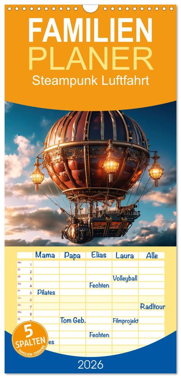Familienplaner 2026 - Steampunk Luftfahrt mit 5 Spalten (Wandkalender, 21 cm x 45 cm), CALVENDO Lifestyle