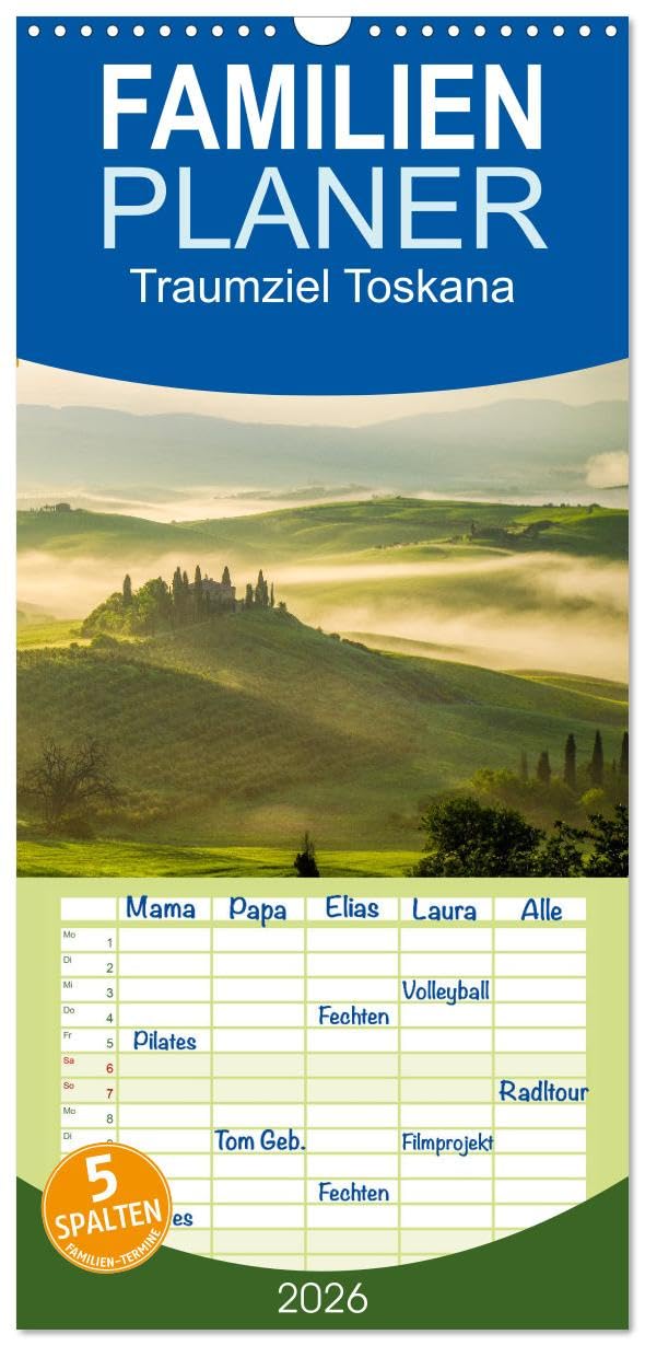 Familienplaner 2026 - Traumziel Toskana mit 5 Spalten (Wandkalender, 21 cm x 45 cm), CALVENDO Leisure, Home & Garden