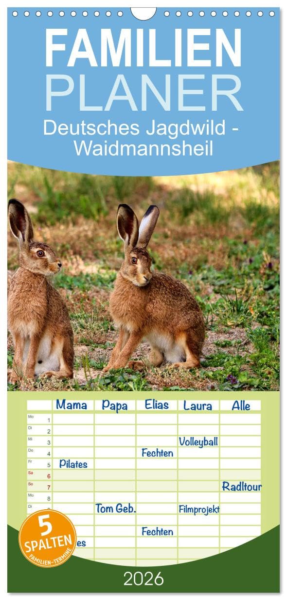 Familienplaner 2026 - Deutsches Jagdwild - Waidmannsheil mit 5 Spalten (Wandkalender, 21 cm x 45 cm), CALVENDO Natural Sciences