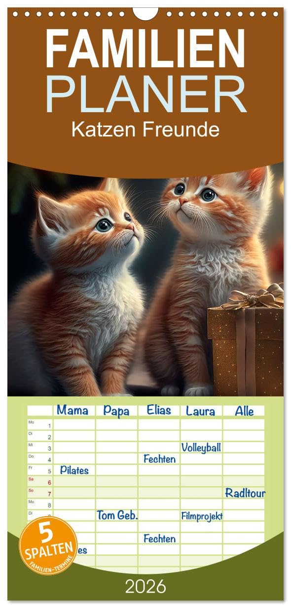 Familienplaner 2026 - Katzen Freunde mit 5 Spalten (Wandkalender, 21 cm x 45 cm), CALVENDO Pets