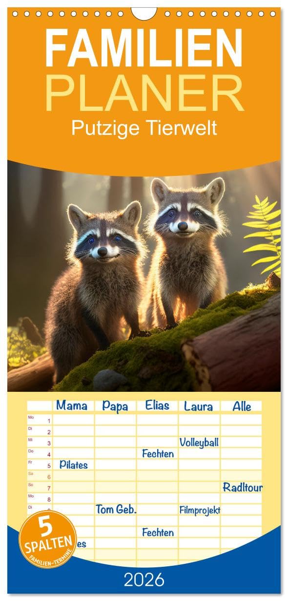 Familienplaner 2026 - Putzige Tierwelt - gemeinsam die Welt entdecken mit 5 Spalten (Wandkalender, 21 cm x 45 cm), CALVENDO Living & Furnishing