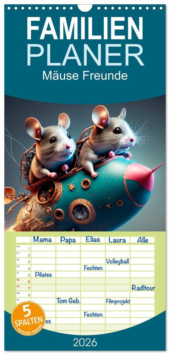 Familienplaner 2026 - Mäuse Freunde mit 5 Spalten (Wandkalender, 21 cm x 45 cm), CALVENDO Pets