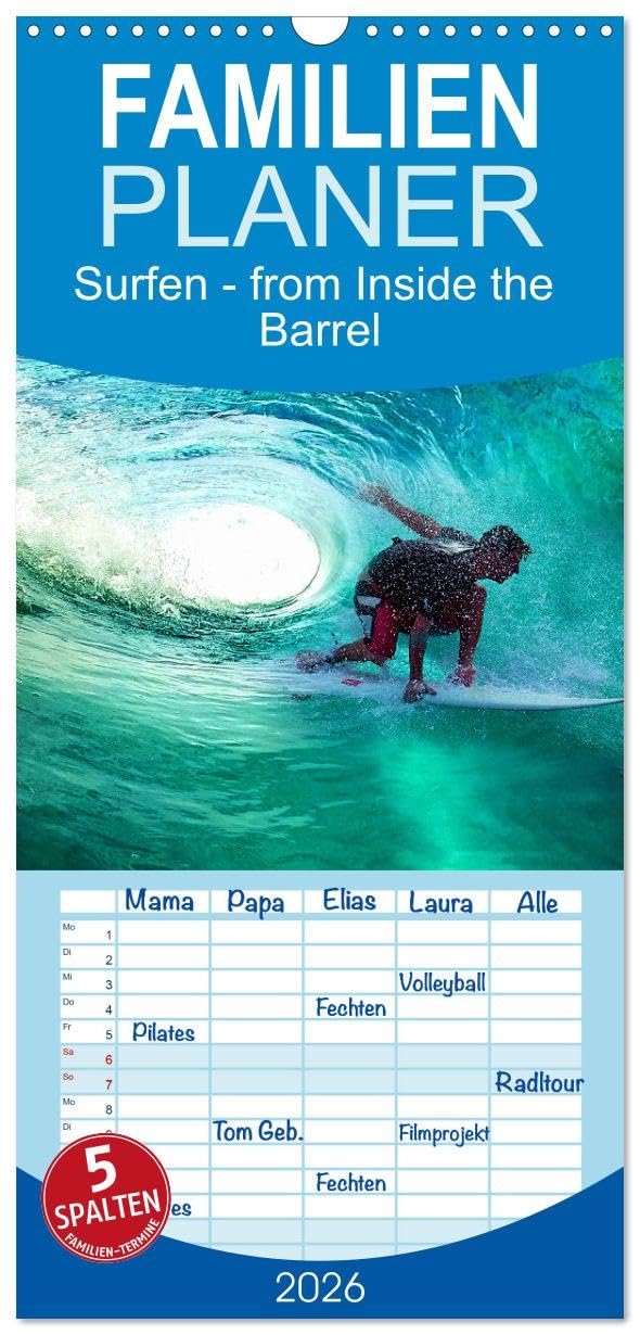 Familienplaner 2026 - Surfen - from Inside the Barrel mit 5 Spalten (Wandkalender, 21 cm x 45 cm), CALVENDO Film, Art & Culture