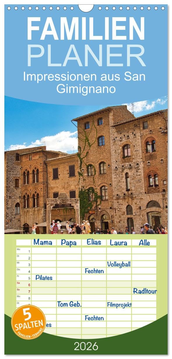 Familienplaner 2026 - Impressionen aus San Gimignano mit 5 Spalten (Wandkalender, 21 cm x 45 cm), CALVENDO Photography