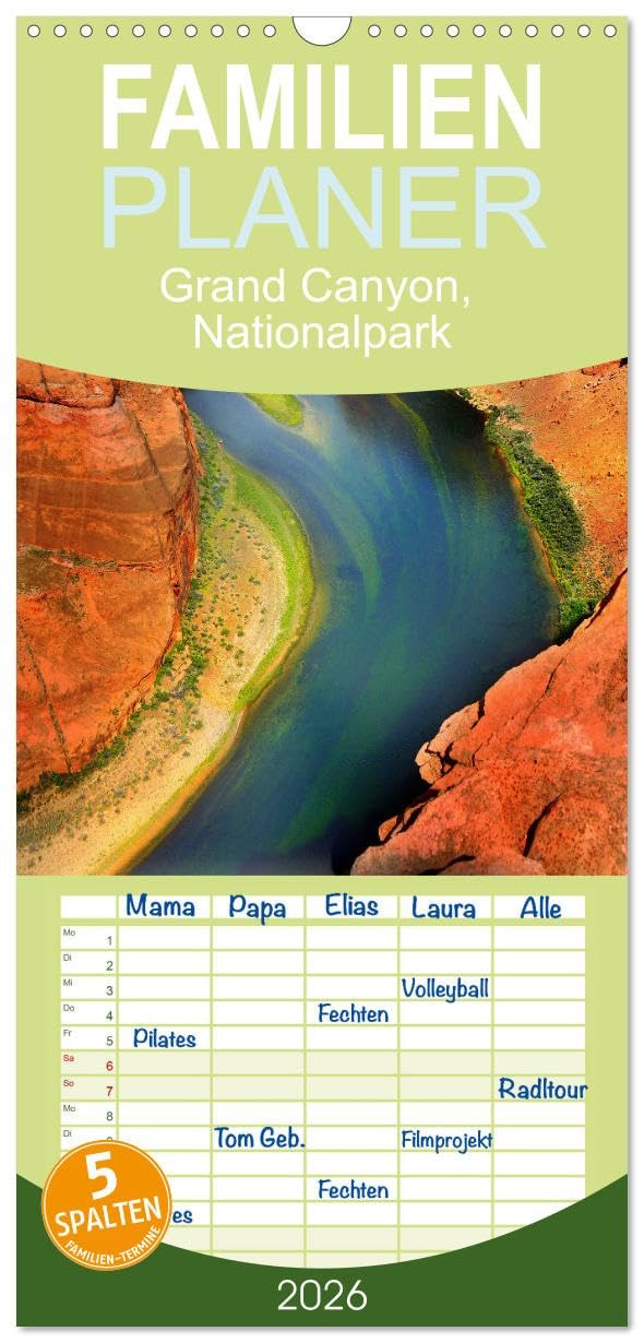 Familienplaner 2026 - Grand Canyon, Nationalpark mit 5 Spalten (Wandkalender, 21 cm x 45 cm), CALVENDO Leisure, Home & Garden