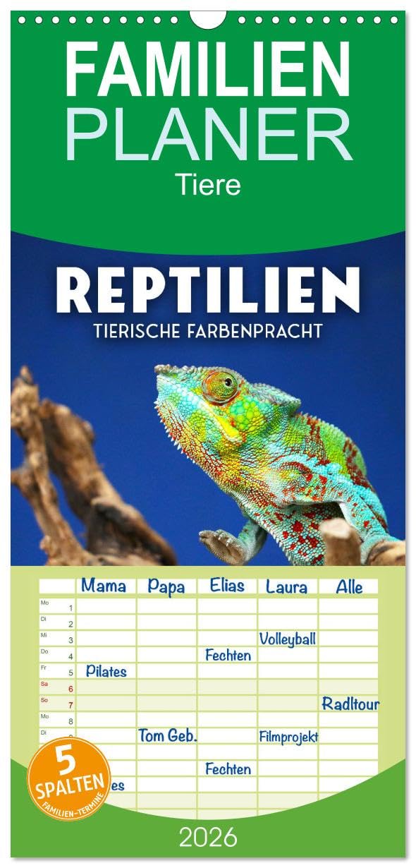 Familienplaner 2026 - Reptilien - Tierische Farbenpracht mit 5 Spalten (Wandkalender, 21 cm x 45 cm), CALVENDO Natural Sciences