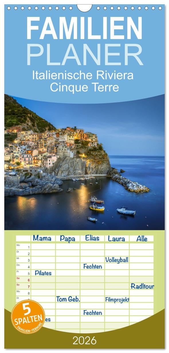 Familienplaner 2026 - Italienische Riviera Cinque Terre mit 5 Spalten (Wandkalender, 21 cm x 45 cm), CALVENDO Photography