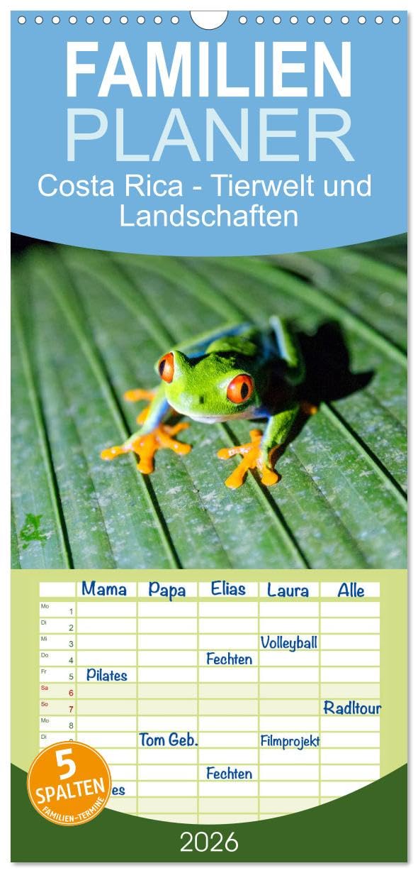Familienplaner 2026 - Costa Rica - Tierwelt und Landschaften mit 5 Spalten (Wandkalender, 21 cm x 45 cm), CALVENDO Living & Furnishing