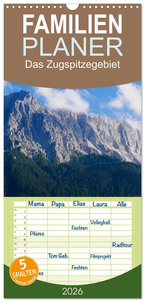 Familienplaner 2026 - Das Zugspitzegebiet mit 5 Spalten (Wandkalender, 21 cm x 45 cm), CALVENDO Leisure, Home & Garden