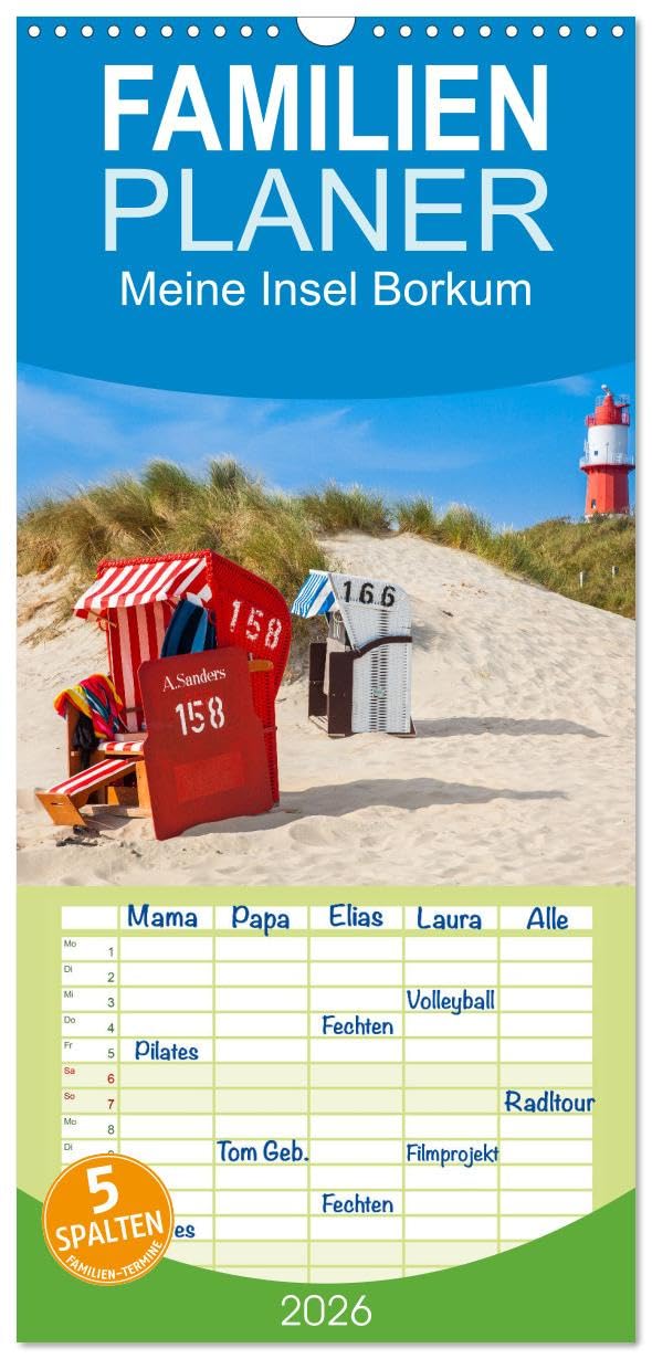 Familienplaner 2026 - Meine Insel Borkum mit 5 Spalten (Wandkalender, 21 cm x 45 cm), CALVENDO Social Sciences