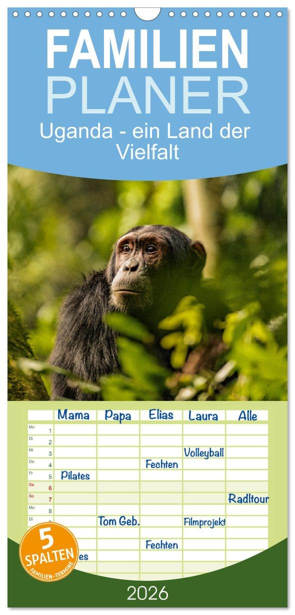 Familienplaner 2026 - Uganda - ein Land der Vielfalt mit 5 Spalten (Wandkalender, 21 cm x 45 cm), CALVENDO Natural Sciences