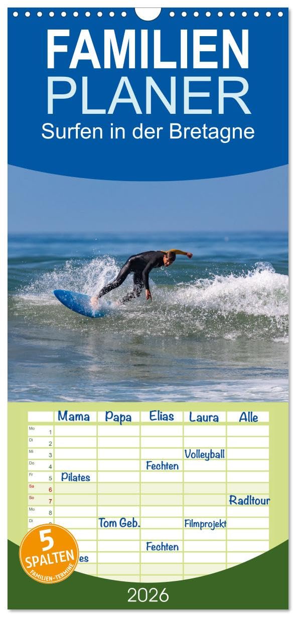 Familienplaner 2026 - Surfen in der Bretagne mit 5 Spalten (Wandkalender, 21 cm x 45 cm), CALVENDO Leisure & Fun