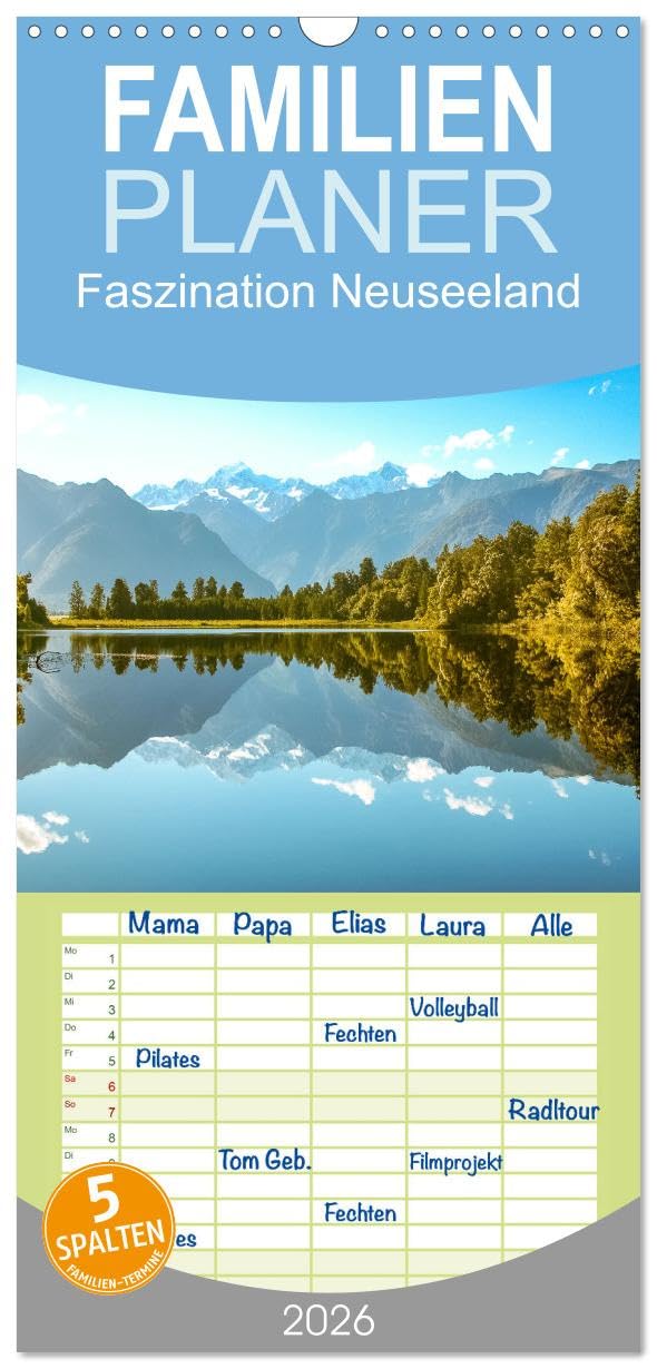 Familienplaner 2026 - Faszination Neuseeland mit 5 Spalten (Wandkalender, 21 cm x 45 cm), CALVENDO Calendars