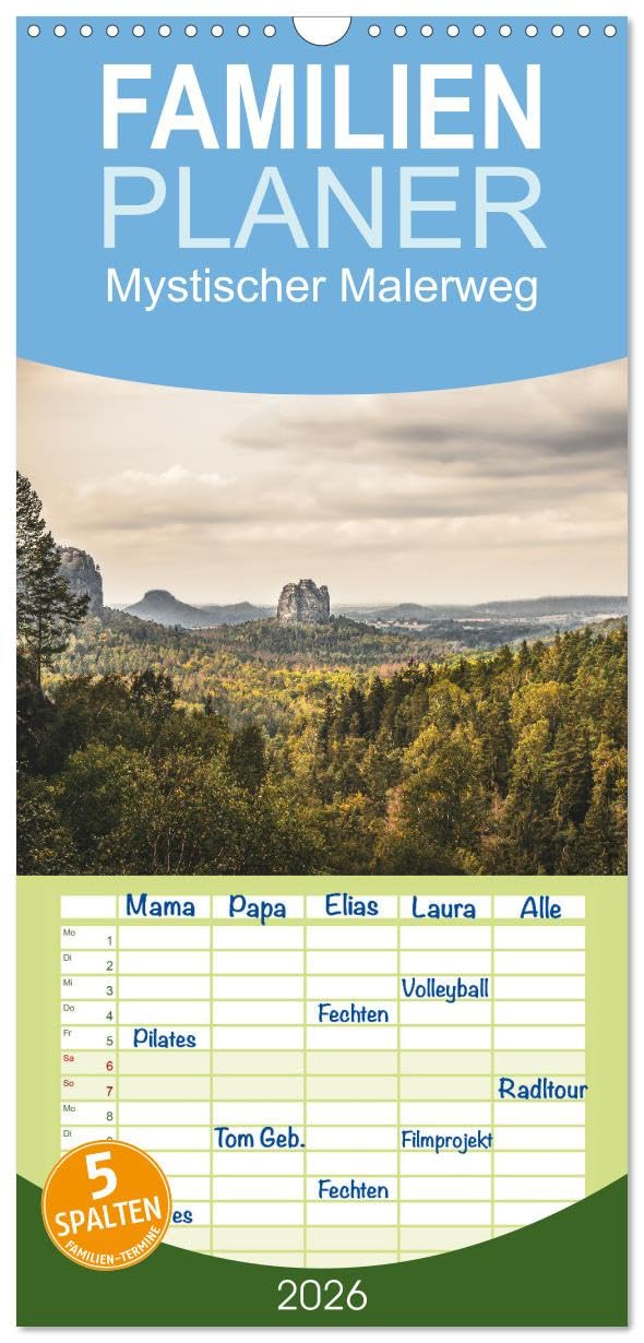 Familienplaner 2026 - Mystischer Malerweg mit 5 Spalten (Wandkalender, 21 cm x 45 cm), CALVENDO Photography