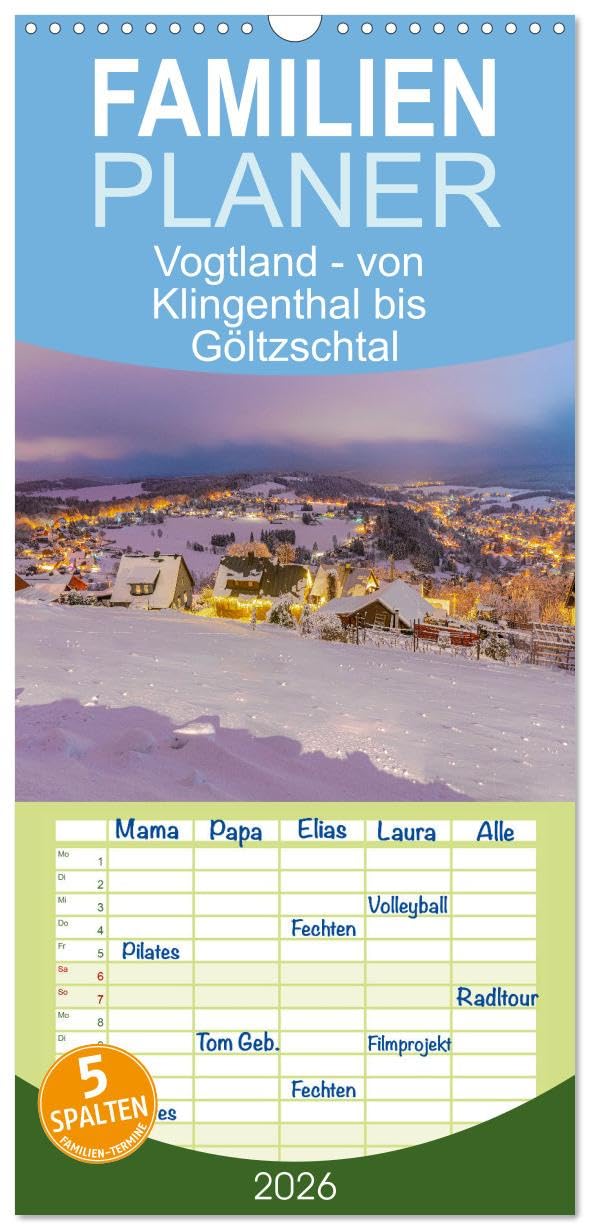Familienplaner 2026 - Vogtland - von Klingenthal bis Göltzschtal mit 5 Spalten (Wandkalender, 21 cm x 45 cm), CALVENDO Leisure, Home & Garden