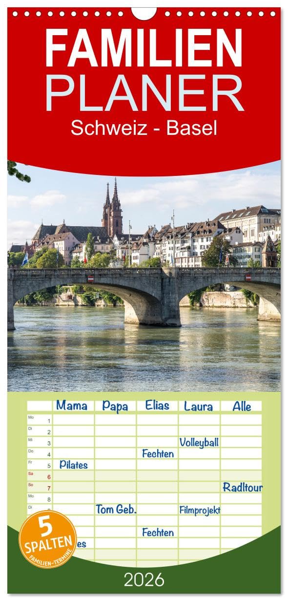 Familienplaner 2026 - Schweiz - Basel mit 5 Spalten (Wandkalender, 21 cm x 45 cm), CALVENDO Leisure, Home & Garden