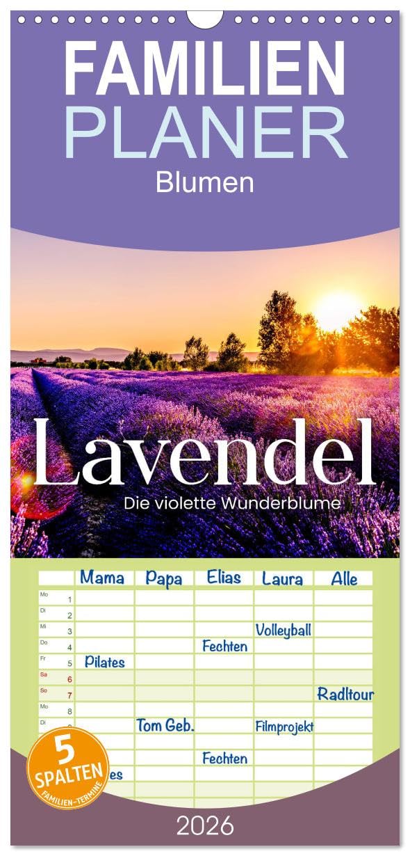 Familienplaner 2026 - Lavendel - Die violette Wunderblume mit 5 Spalten (Wandkalender, 21 cm x 45 cm), CALVENDO Books