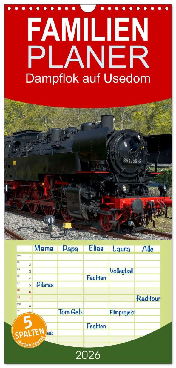 Familienplaner 2026 - Dampflok auf Usedom mit 5 Spalten (Wandkalender, 21 cm x 45 cm), CALVENDO Calendars