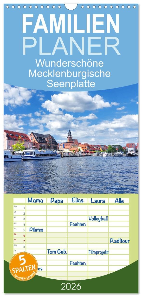 Familienplaner 2026 - Wunderschöne Mecklenburgische Seenplatte mit 5 Spalten (Wandkalender, 21 cm x 45 cm), CALVENDO Leisure, Home & Garden