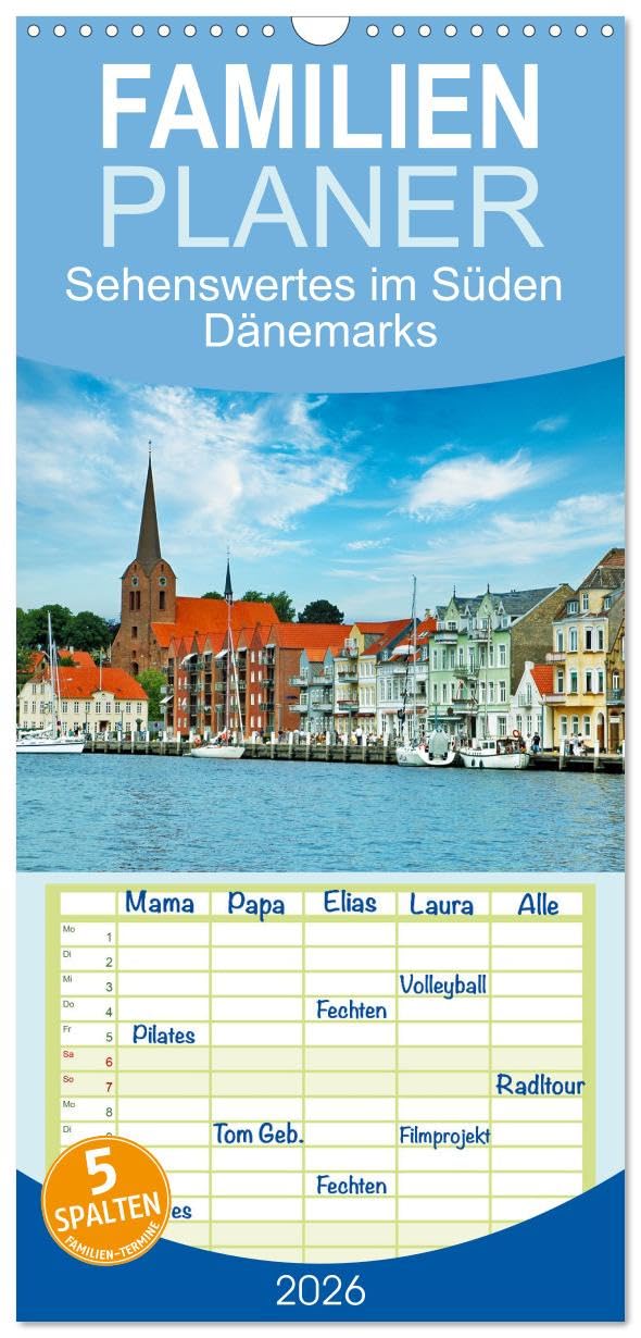 Familienplaner 2026 - Sehenswertes im Süden Dänemarks mit 5 Spalten (Wandkalender, 21 cm x 45 cm), CALVENDO Leisure, Home & Garden