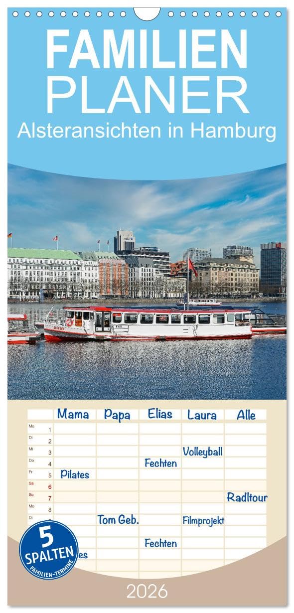 Familienplaner 2026 - Alsteransichten in Hamburg mit 5 Spalten (Wandkalender, 21 cm x 45 cm), CALVENDO Calendars
