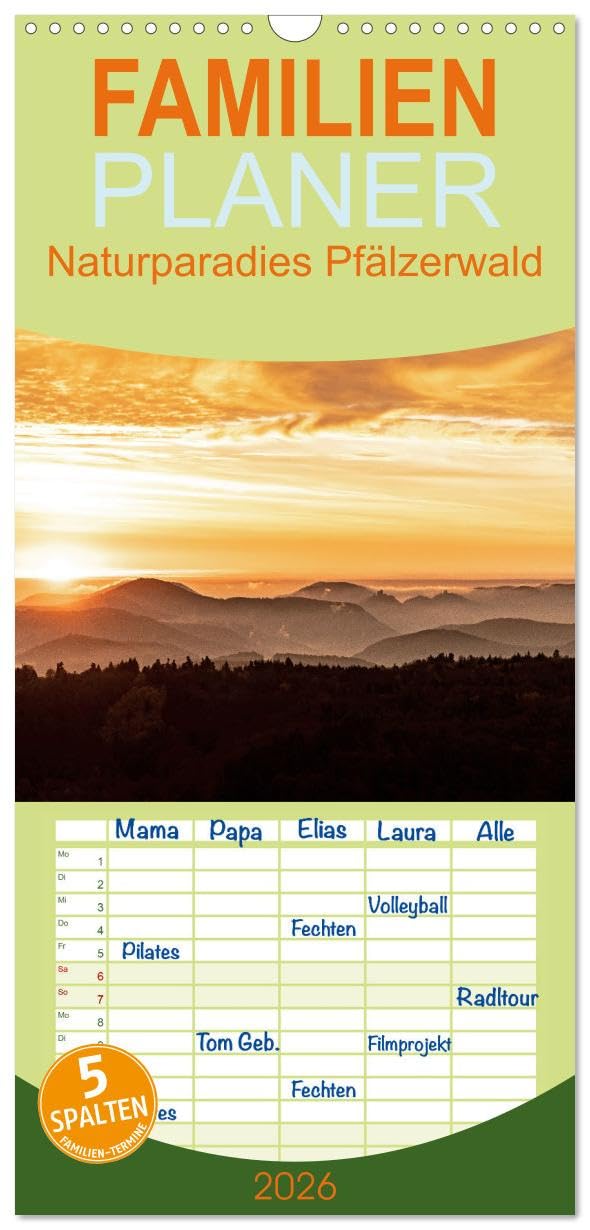 Familienplaner 2026 - Naturparadies Pfälzerwald mit 5 Spalten (Wandkalender, 21 cm x 45 cm), CALVENDO Leisure, Home & Garden