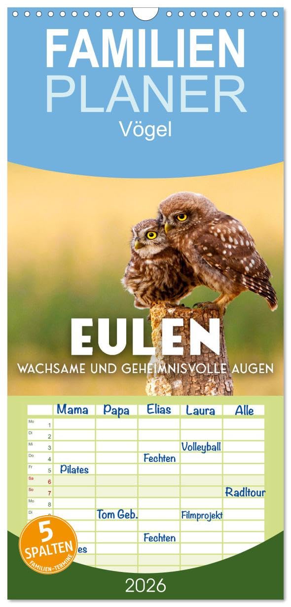 Familienplaner 2026 - Eulen - Wachsame und geheimnisvolle Augen mit 5 Spalten (Wandkalender, 21 cm x 45 cm), CALVENDO Natural Sciences