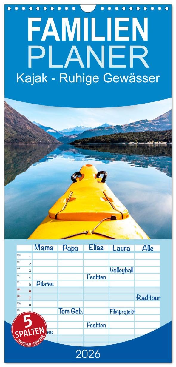 Familienplaner 2026 - Kajak - Ruhige Gewässer mit 5 Spalten (Wandkalender, 21 cm x 45 cm), CALVENDO Leisure, Home & Garden