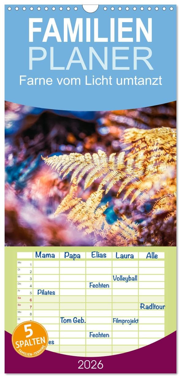 Familienplaner 2026 - Farne vom Licht umtanzt mit 5 Spalten (Wandkalender, 21 cm x 45 cm), CALVENDO Photography