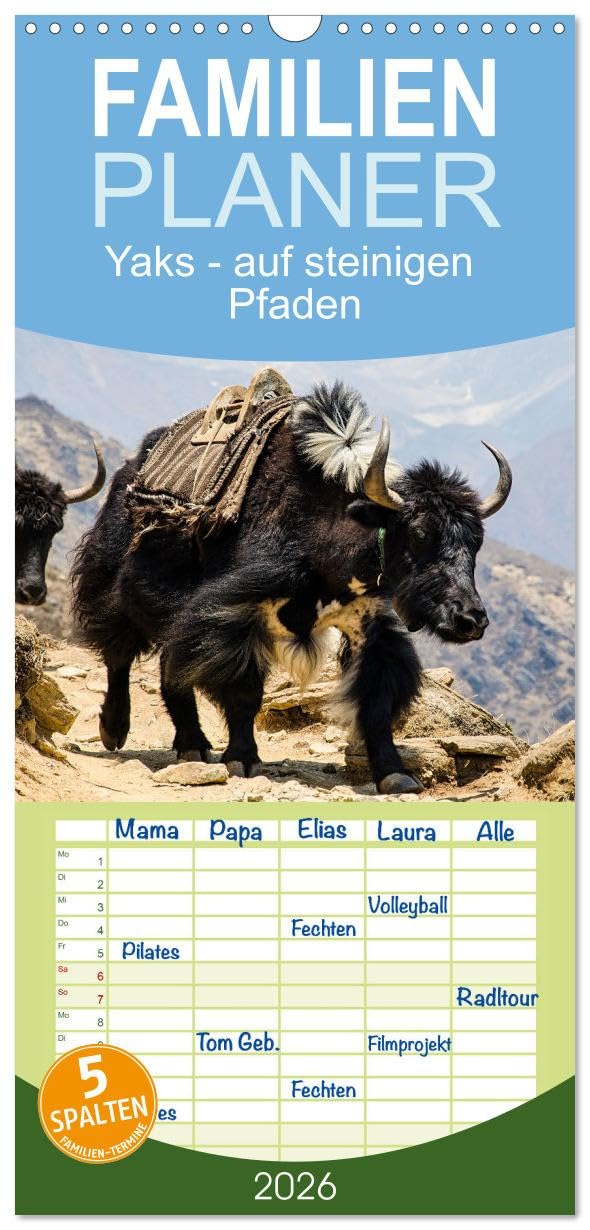 Familienplaner 2026 - Yaks - auf steinigen Pfaden mit 5 Spalten (Wandkalender, 21 cm x 45 cm), CALVENDO Film, Art & Culture