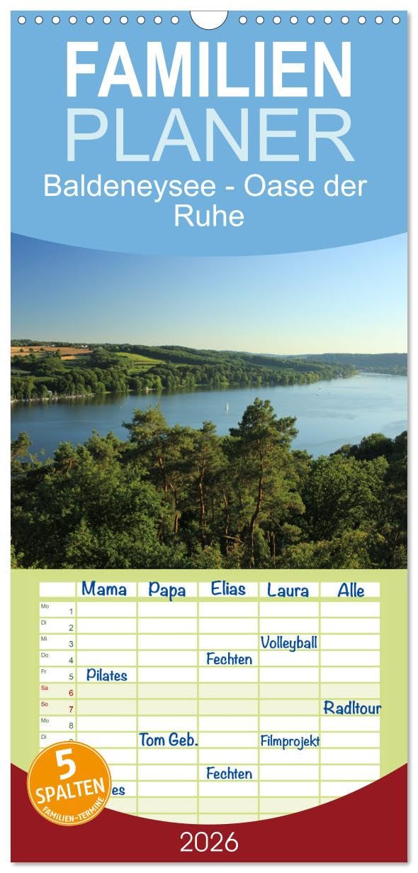 Familienplaner 2026 - Baldeneysee - Oase der Ruhe mit 5 Spalten (Wandkalender, 21 cm x 45 cm), CALVENDO Photography