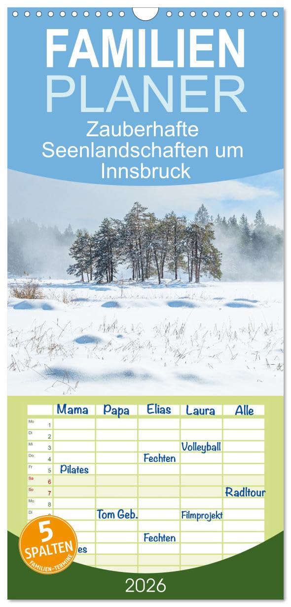 Familienplaner 2026 - Zauberhafte Seenlandschaften um Innsbruck mit 5 Spalten (Wandkalender, 21 cm x 45 cm), CALVENDO Leisure, Home & Garden