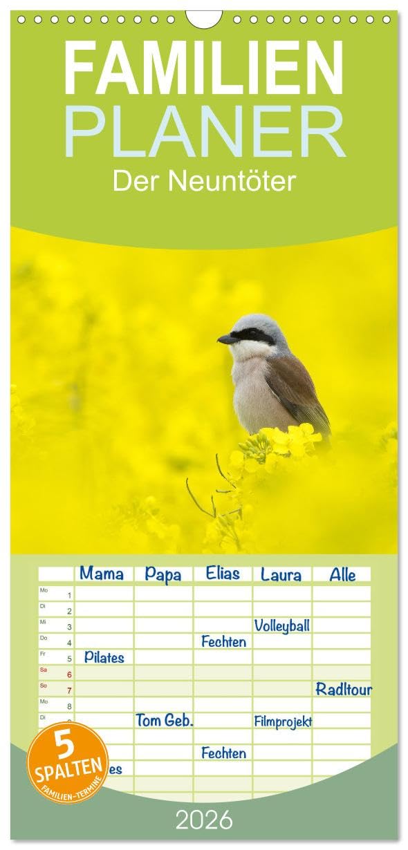 Familienplaner 2026 - Der Neuntöter mit 5 Spalten (Wandkalender, 21 cm x 45 cm), CALVENDO Natural Sciences