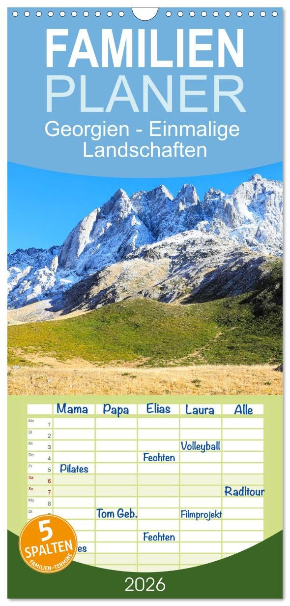 Familienplaner 2026 - Georgien - Einmalige Landschaften mit 5 Spalten (Wandkalender, 21 cm x 45 cm), CALVENDO Leisure, Home & Garden