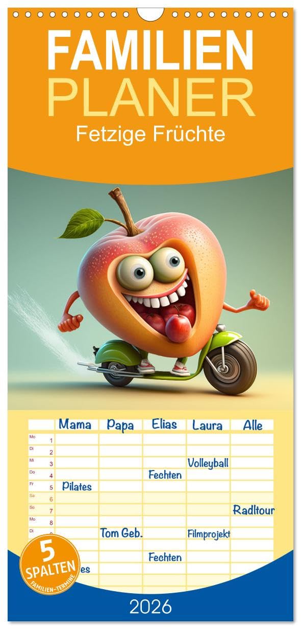 Familienplaner 2026 - Fetzige Früchte mit 5 Spalten (Wandkalender, 21 cm x 45 cm), CALVENDO Leisure & Fun