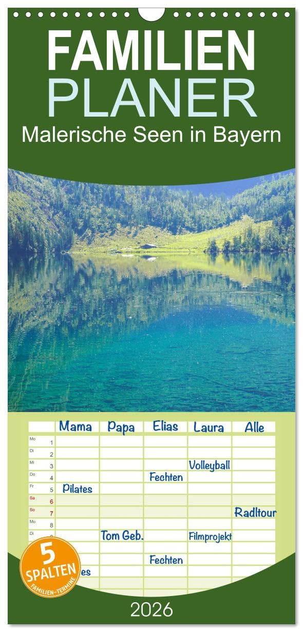Familienplaner 2026 - Malerische Seen in Bayern mit 5 Spalten (Wandkalender, 21 cm x 45 cm), CALVENDO Leisure, Home & Garden