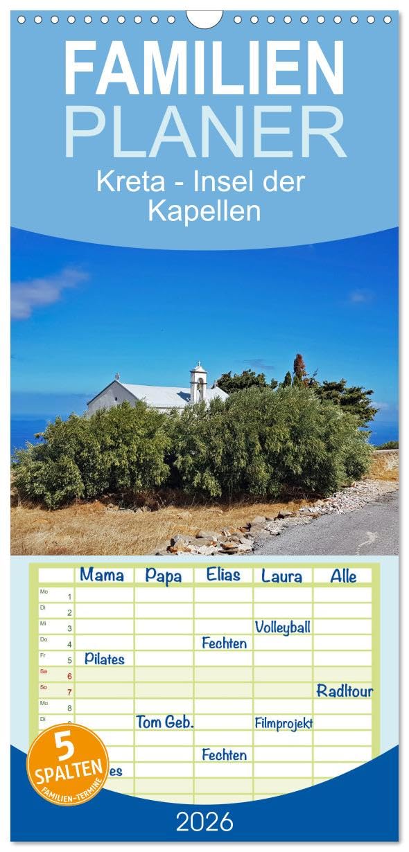 Familienplaner 2026 - Kreta - Insel der Kapellen mit 5 Spalten (Wandkalender, 21 cm x 45 cm), CALVENDO Calendars