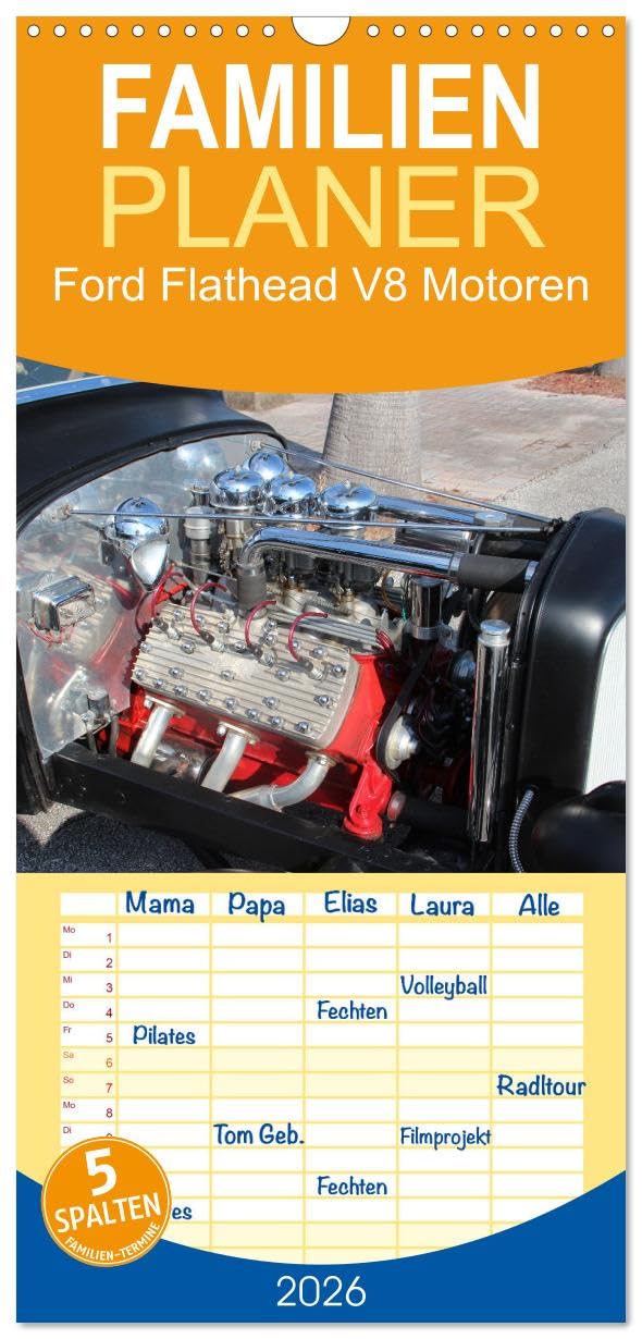 Familienplaner 2026 - Ford Flathead V8 Motoren mit 5 Spalten (Wandkalender, 21 cm x 45 cm), CALVENDO Books