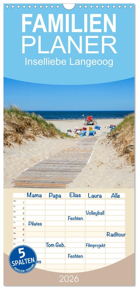 Familienplaner 2026 - Inselliebe Langeoog mit 5 Spalten (Wandkalender, 21 cm x 45 cm), CALVENDO Film, Art & Culture