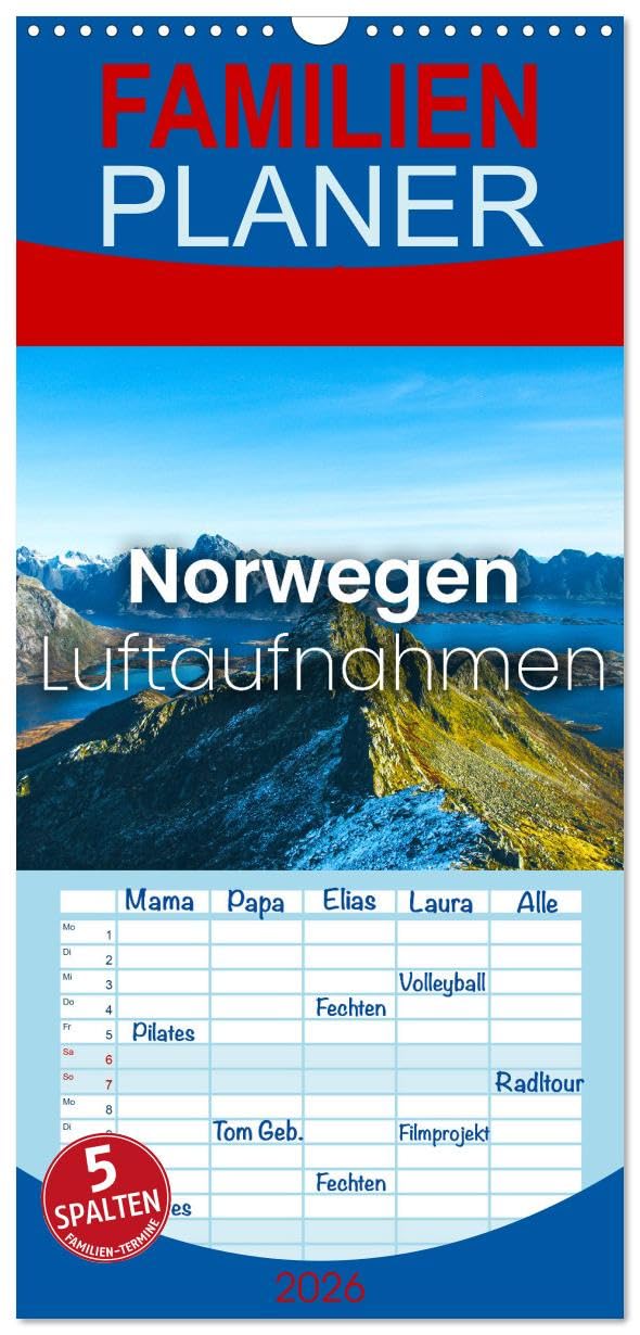Familienplaner 2026 - Norwegen Luftaufnahmen mit 5 Spalten (Wandkalender, 21 cm x 45 cm), CALVENDO Leisure, Home & Garden