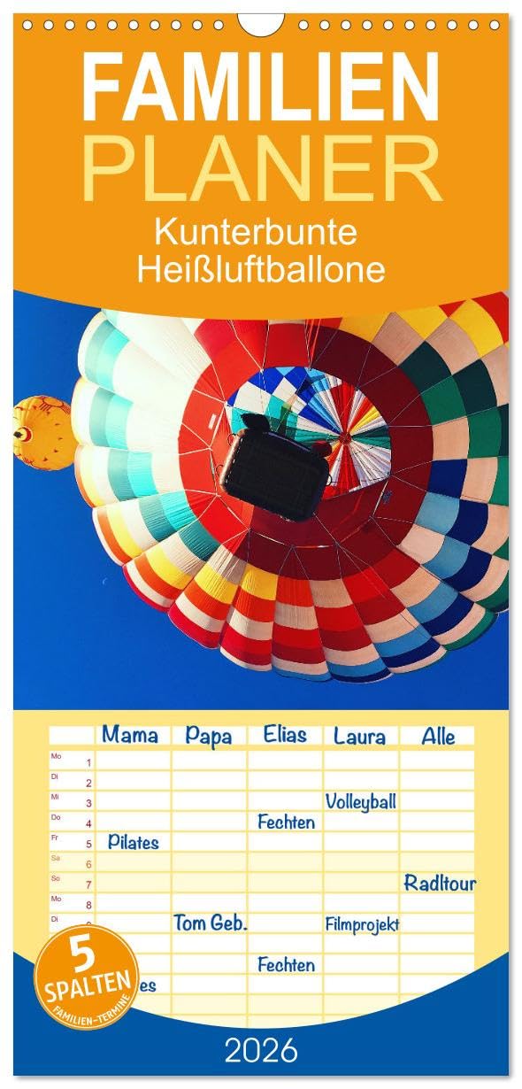 Familienplaner 2026 - Kunterbunte Heißluftballone mit 5 Spalten (Wandkalender, 21 cm x 45 cm), CALVENDO Leisure, Home & Garden