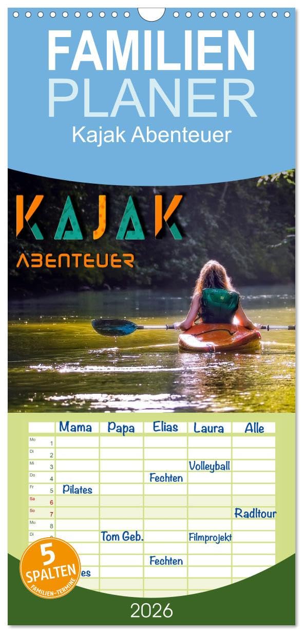 Familienplaner 2026 - Kajak Abenteuer mit 5 Spalten (Wandkalender, 21 cm x 45 cm), CALVENDO Film, Art & Culture